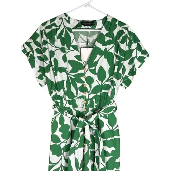 NWT Zara Floral Printed Midi Shirt Dress Women's L Cotton Green White Tropical - Picture 3 of 12